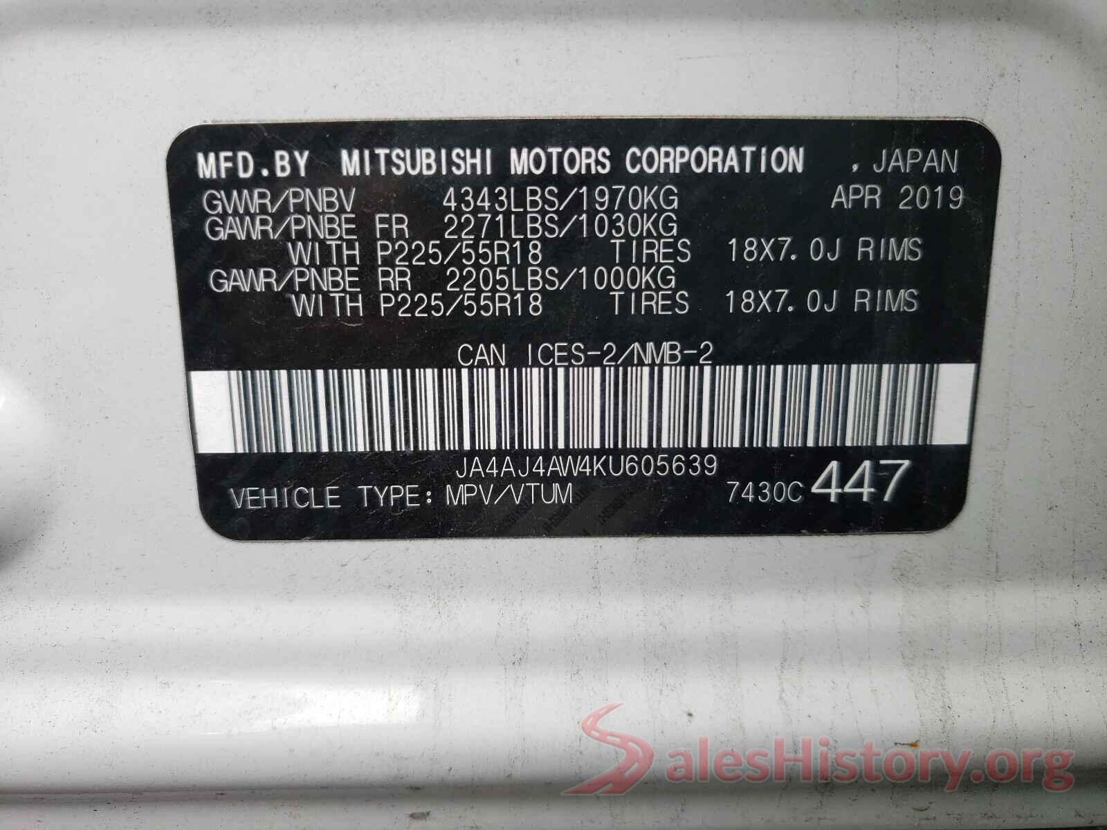 JA4AJ4AW4KU605639 2019 MITSUBISHI OUTLANDER