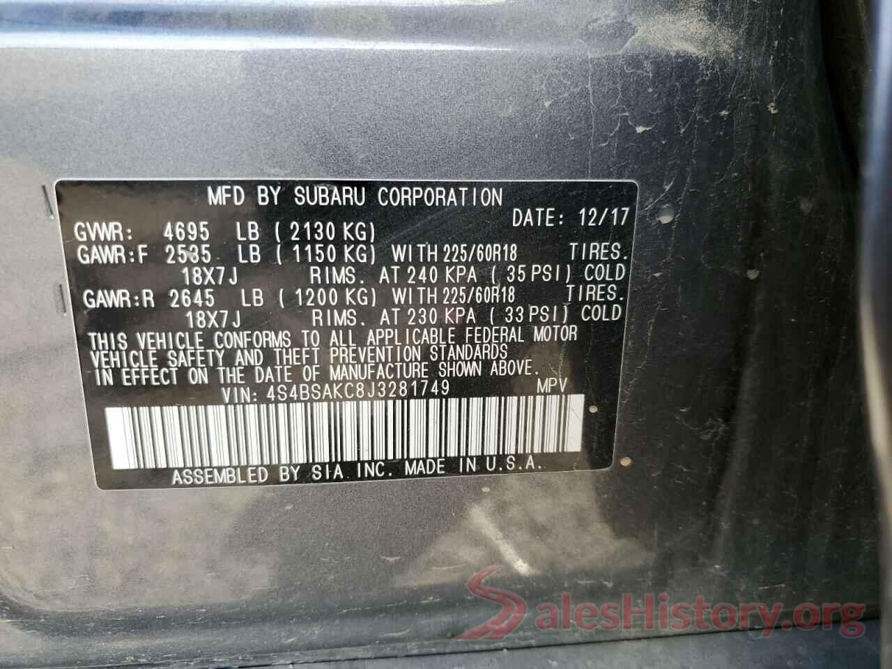 4S4BSAKC8J3281749 2018 SUBARU OUTBACK