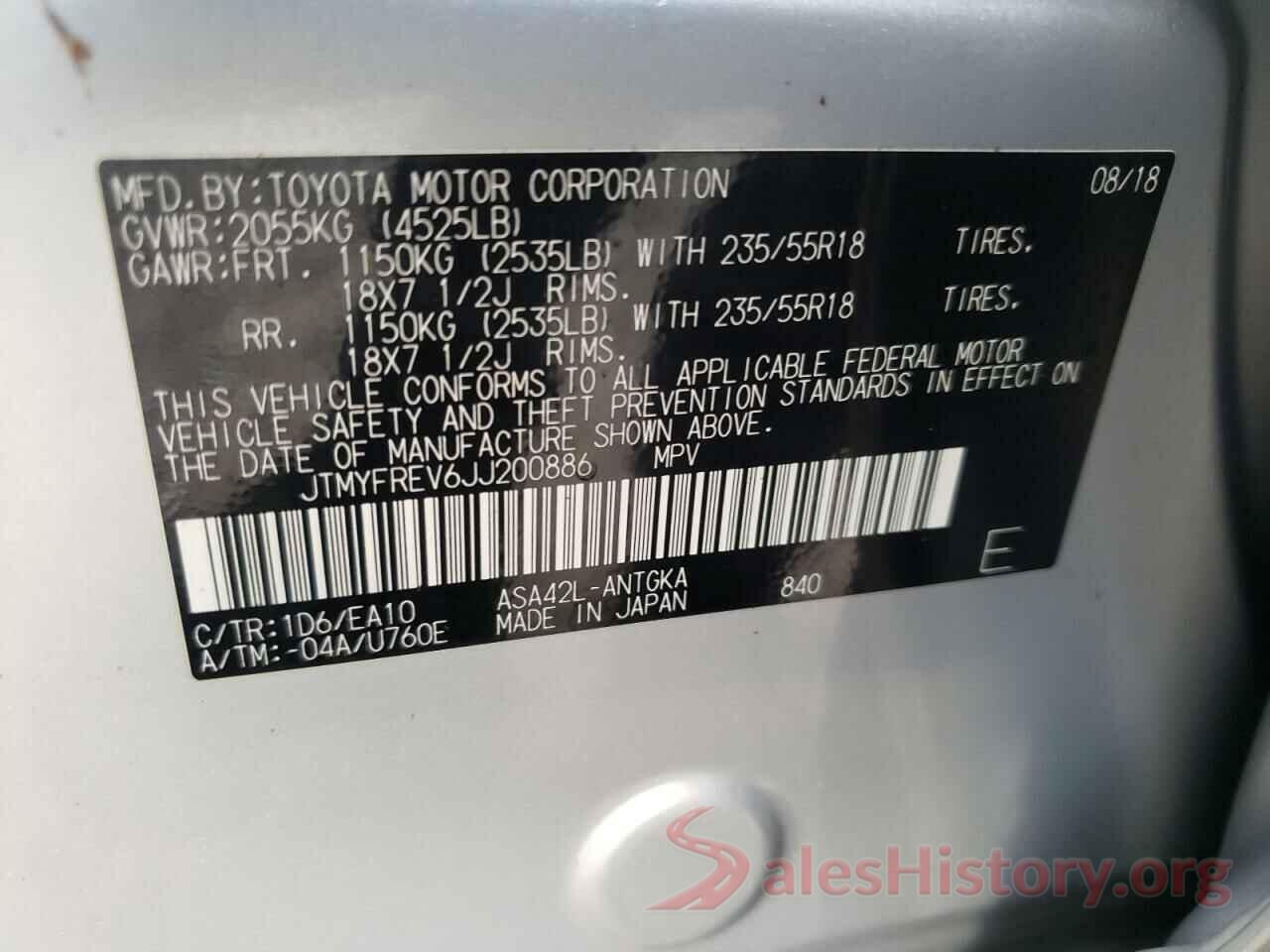 JTMYFREV6JJ200886 2018 TOYOTA RAV4