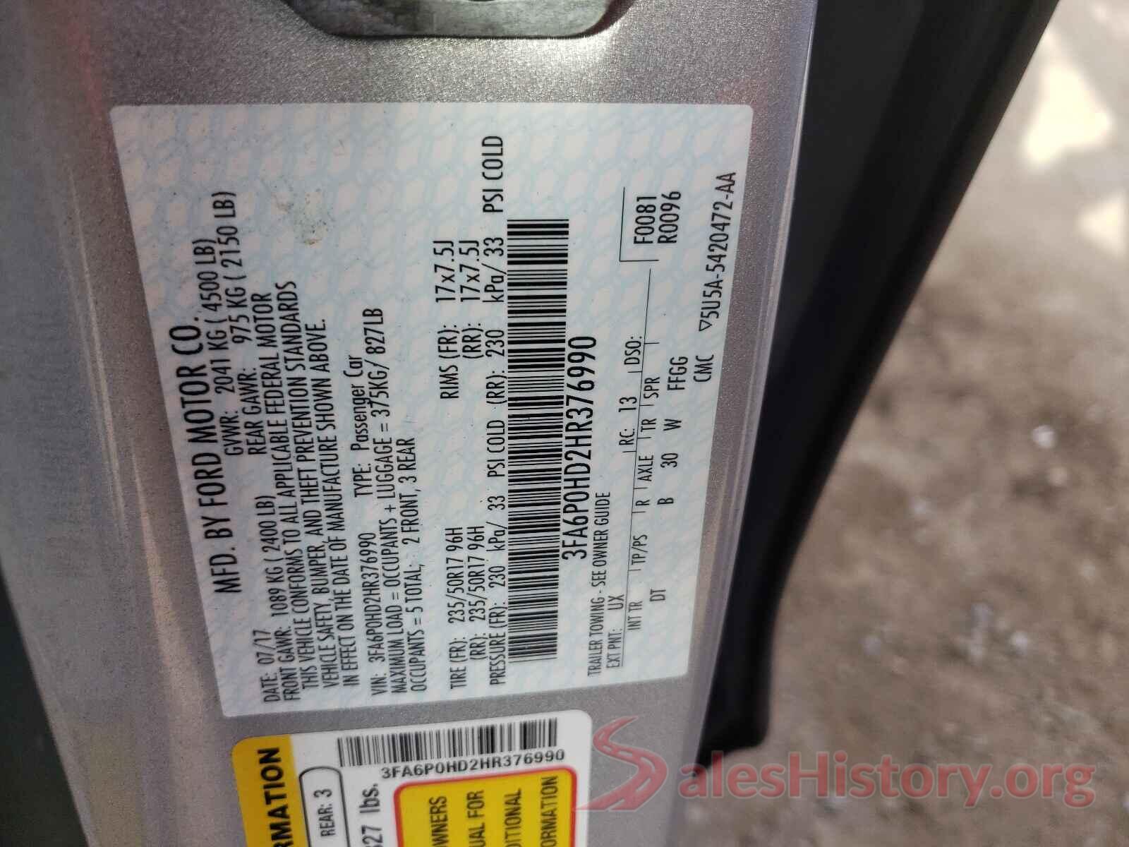 3FA6P0HD2HR376990 2017 FORD FUSION