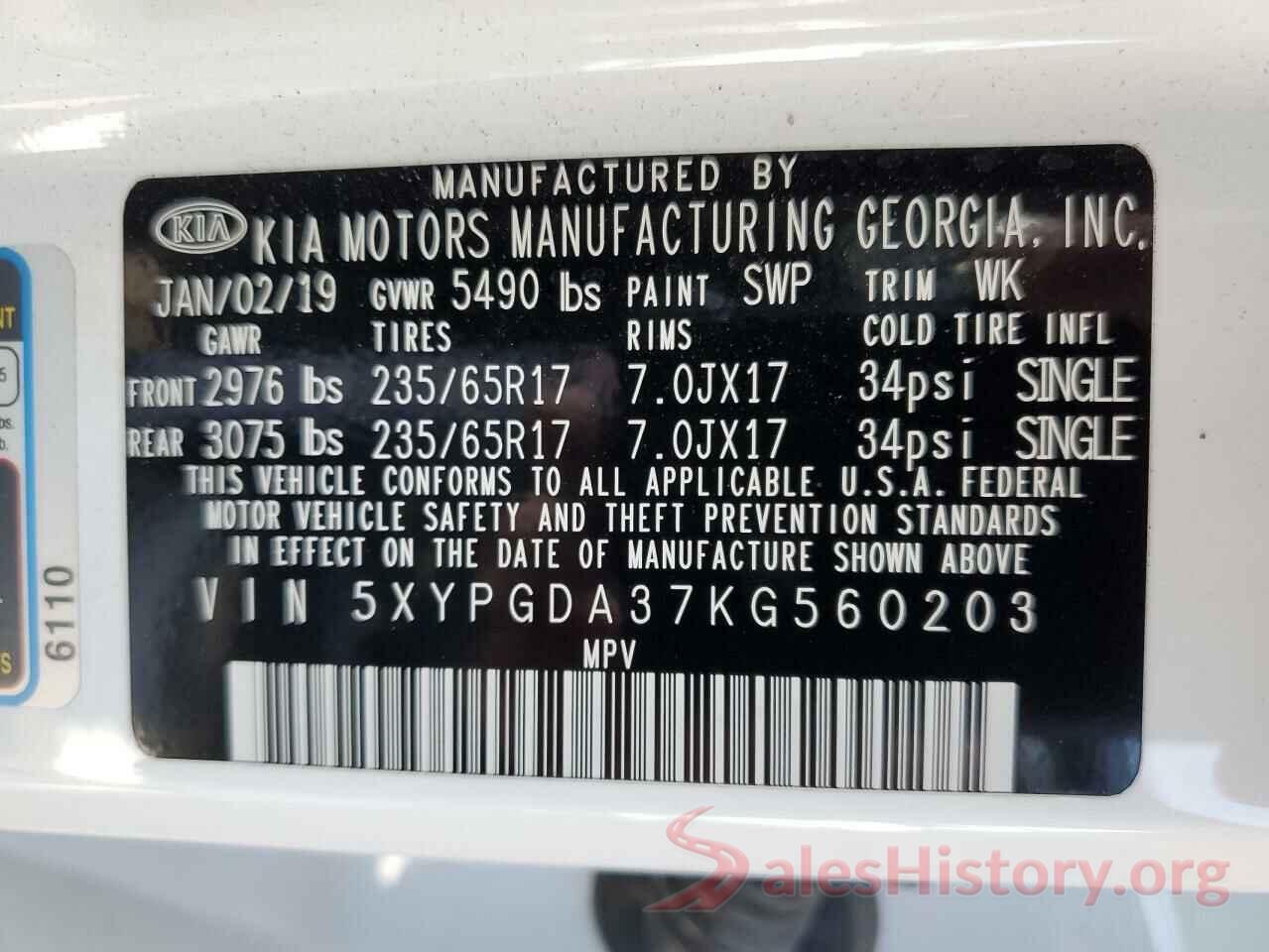 5XYPGDA37KG560203 2019 KIA SORENTO