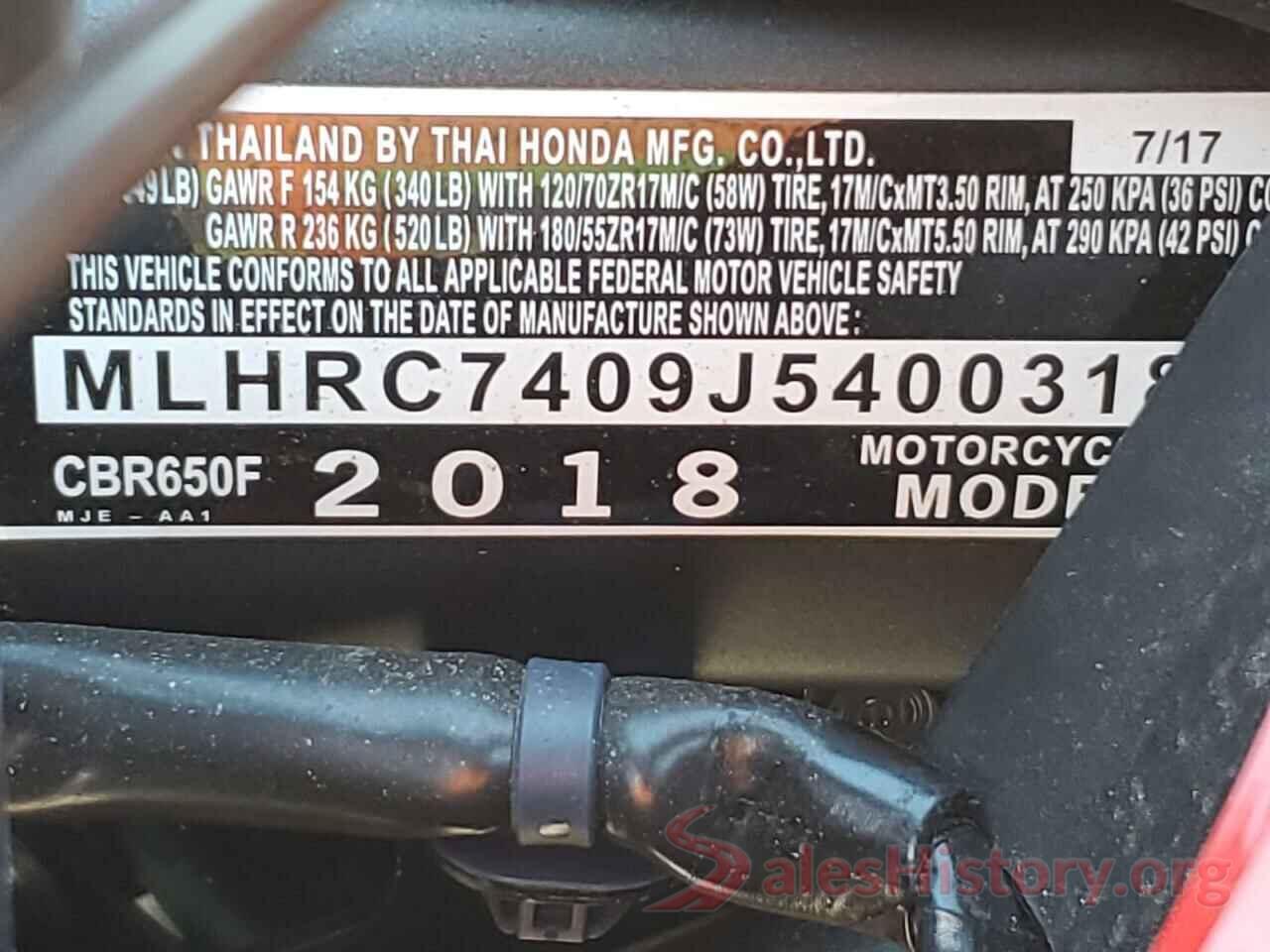 MLHRC7409J5400318 2018 HONDA CBR CYCLE