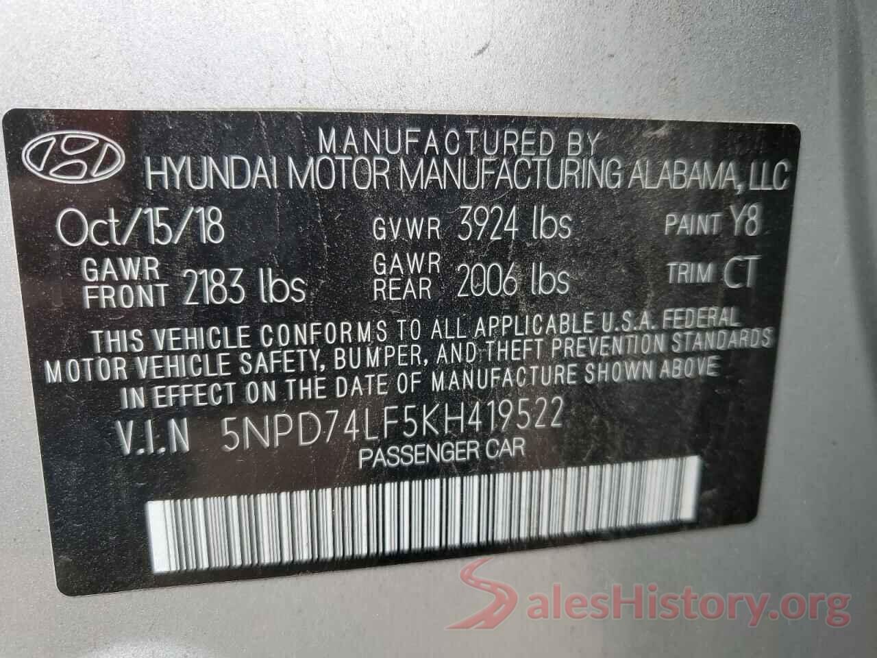 5NPD74LF5KH419522 2019 HYUNDAI ELANTRA