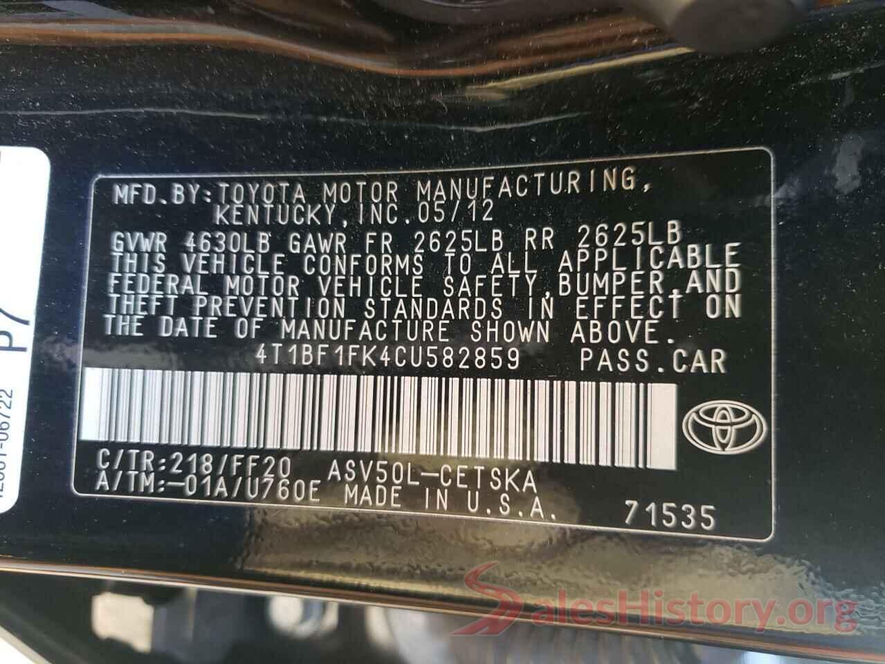 4T1BF1FK4CU582859 2012 TOYOTA CAMRY