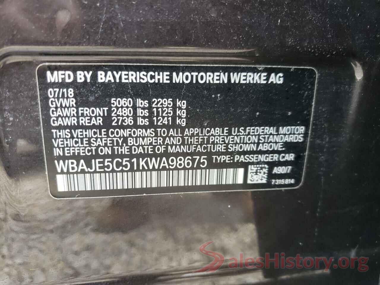 WBAJE5C51KWA98675 2019 BMW 5 SERIES