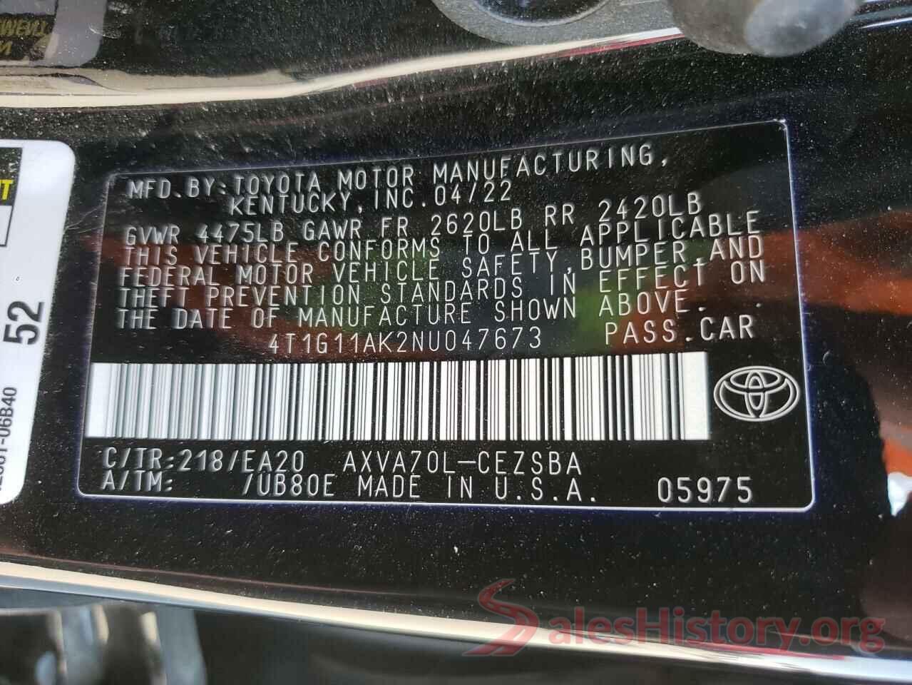 4T1G11AK2NU047673 2022 TOYOTA CAMRY