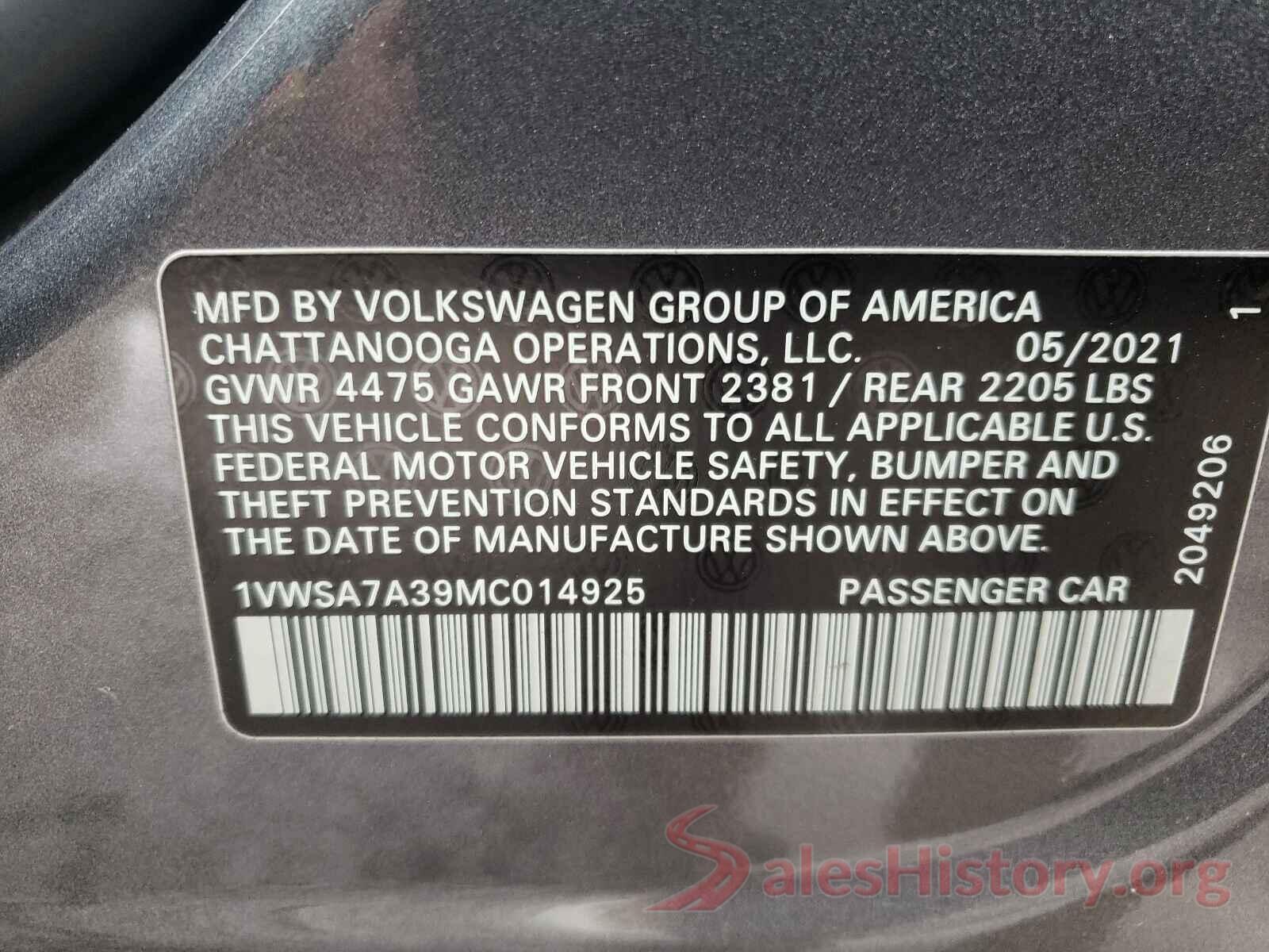 1VWSA7A39MC014925 2021 VOLKSWAGEN PASSAT