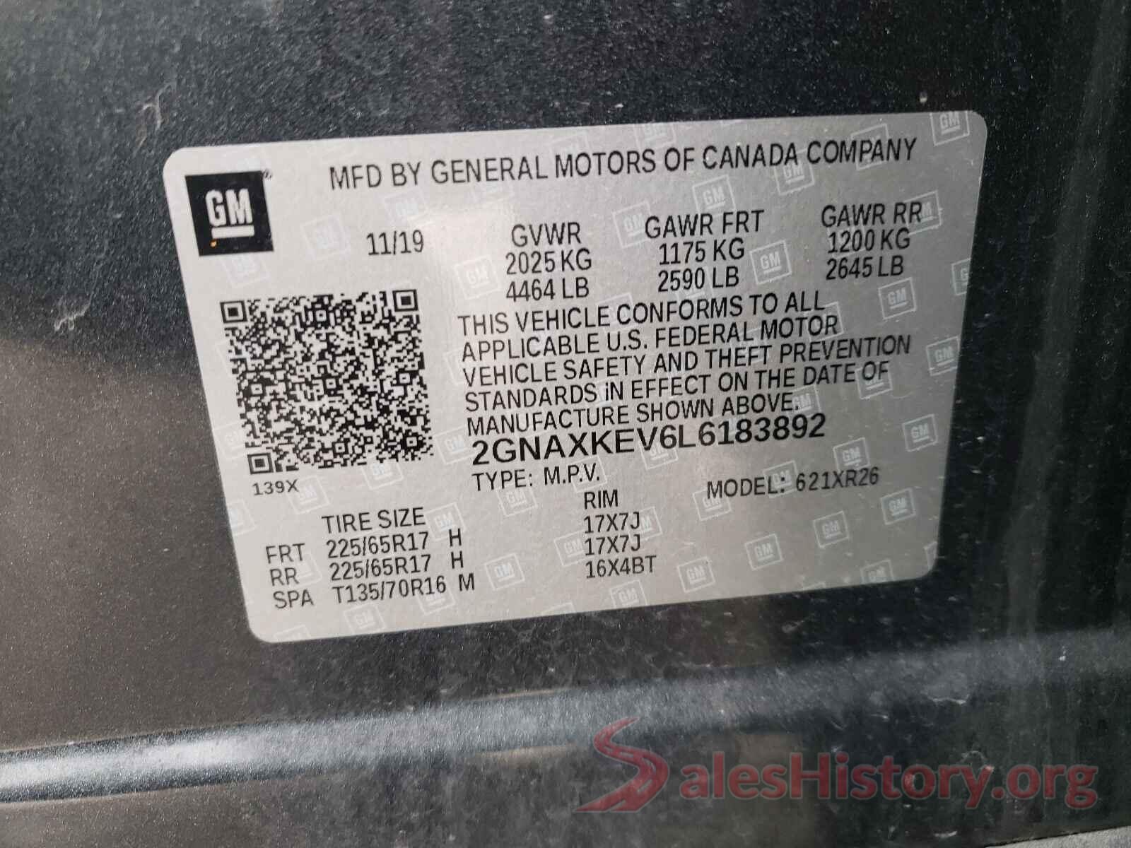 2GNAXKEV6L6183892 2020 CHEVROLET EQUINOX