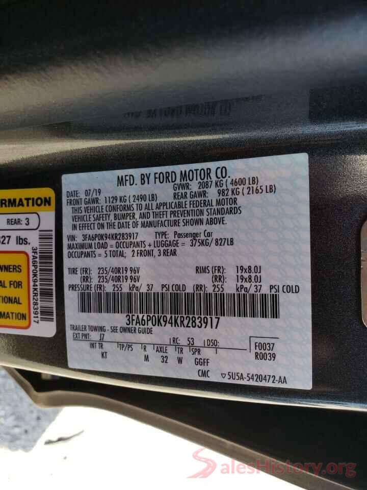 3FA6P0K94KR283917 2019 FORD FUSION