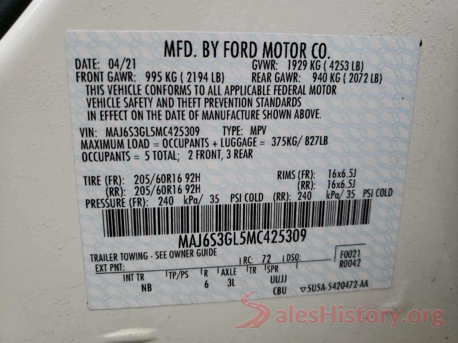 MAJ6S3GL5MC425309 2021 FORD ALL OTHER