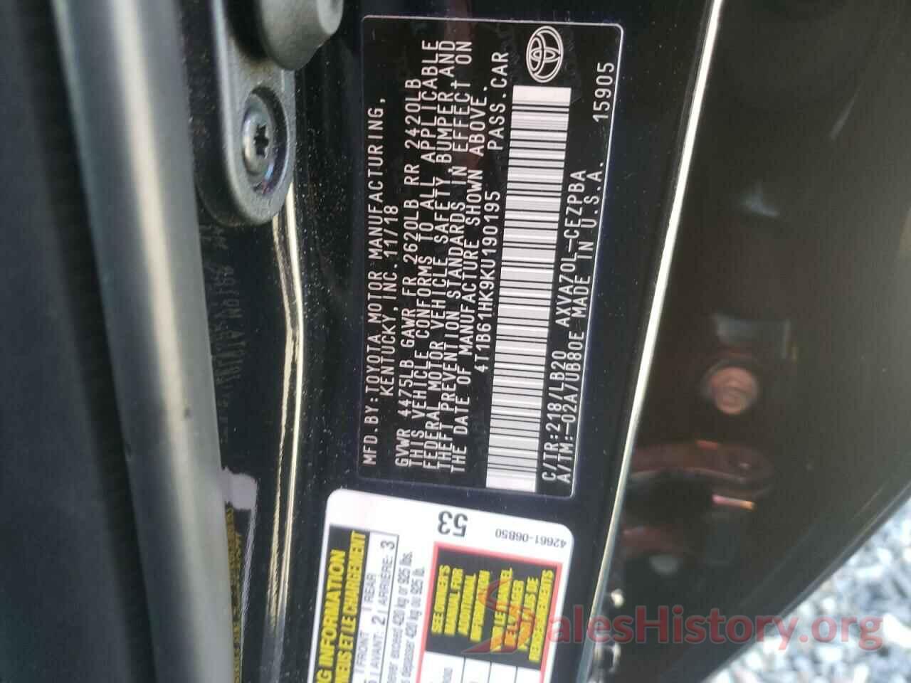 4T1B61HK9KU190195 2019 TOYOTA CAMRY