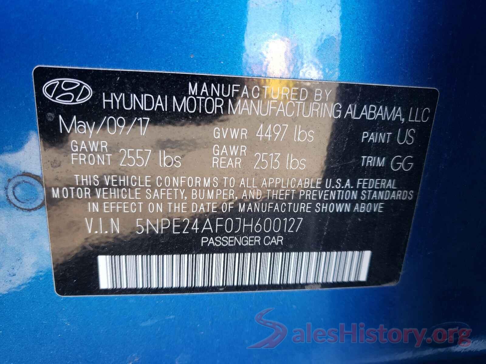 5NPE24AF0JH600127 2018 HYUNDAI SONATA