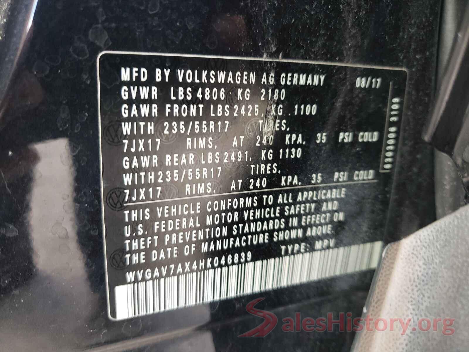 WVGAV7AX4HK046839 2017 VOLKSWAGEN TIGUAN