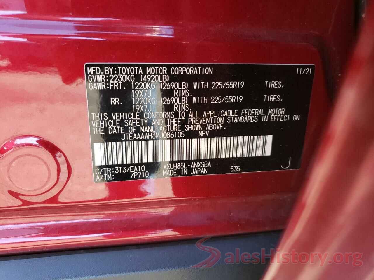 JTEAAAAH3MJ086105 2021 TOYOTA VENZA