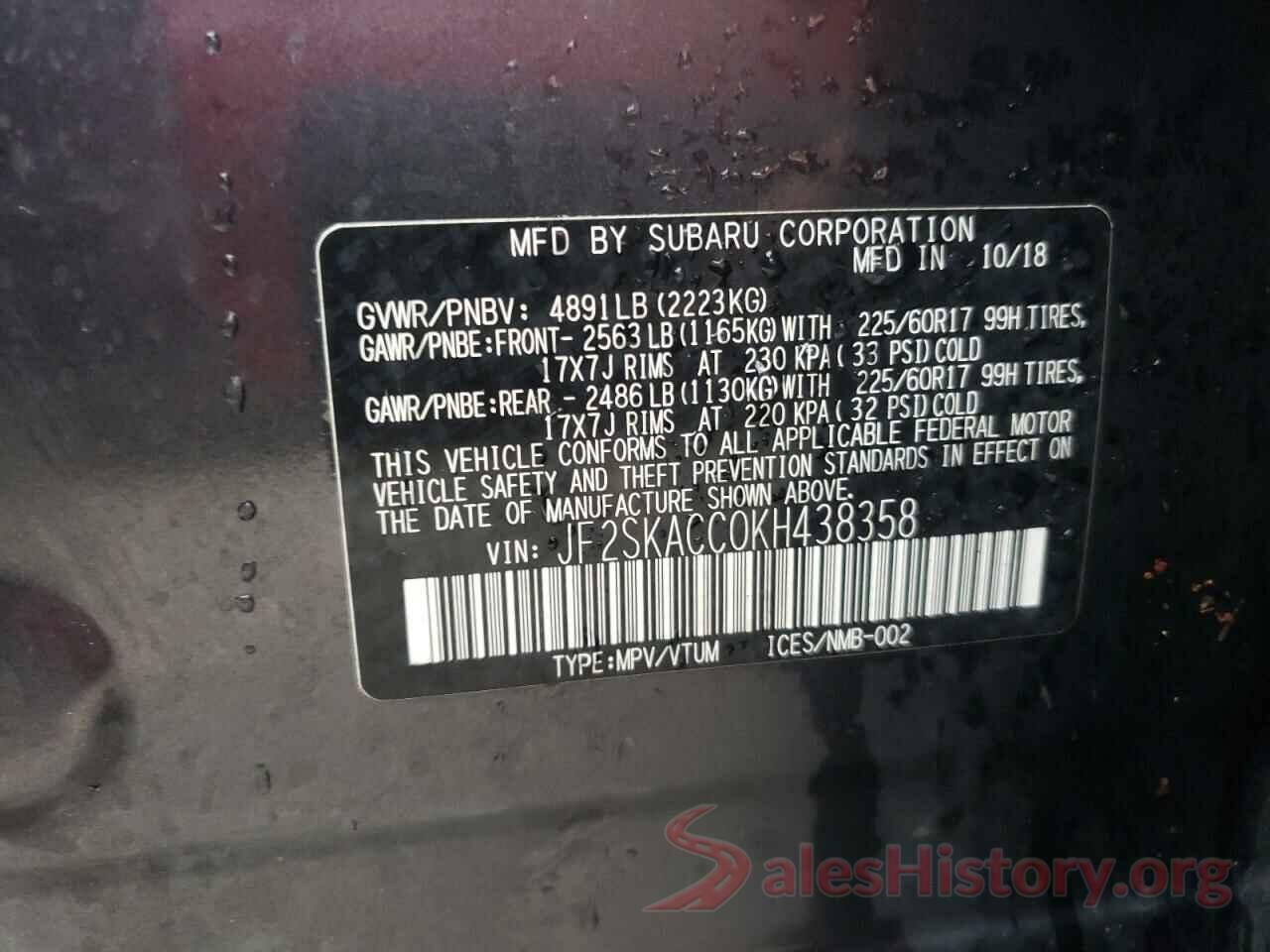 JF2SKACC0KH438358 2019 SUBARU FORESTER