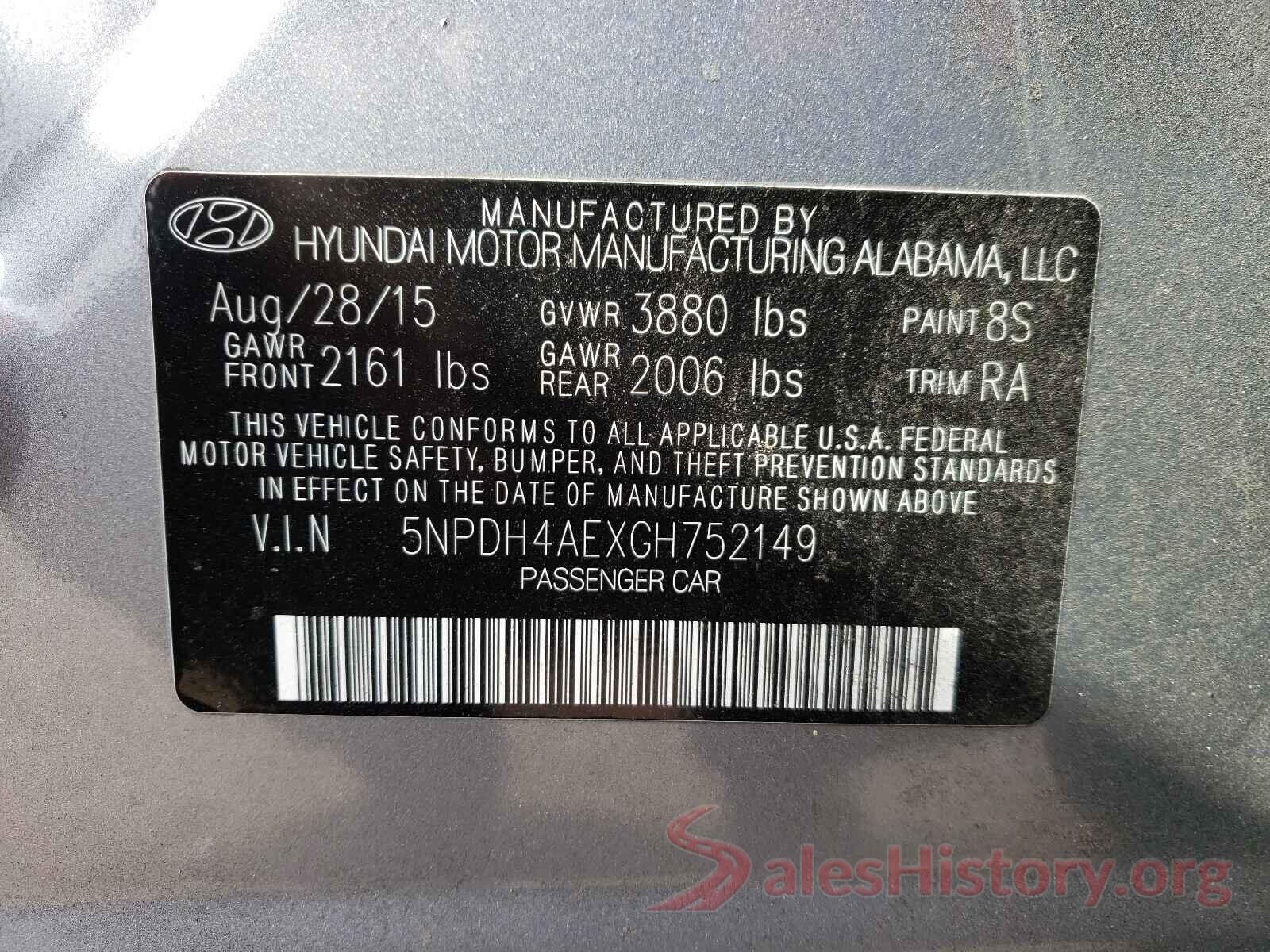 5NPDH4AEXGH752149 2016 HYUNDAI ELANTRA