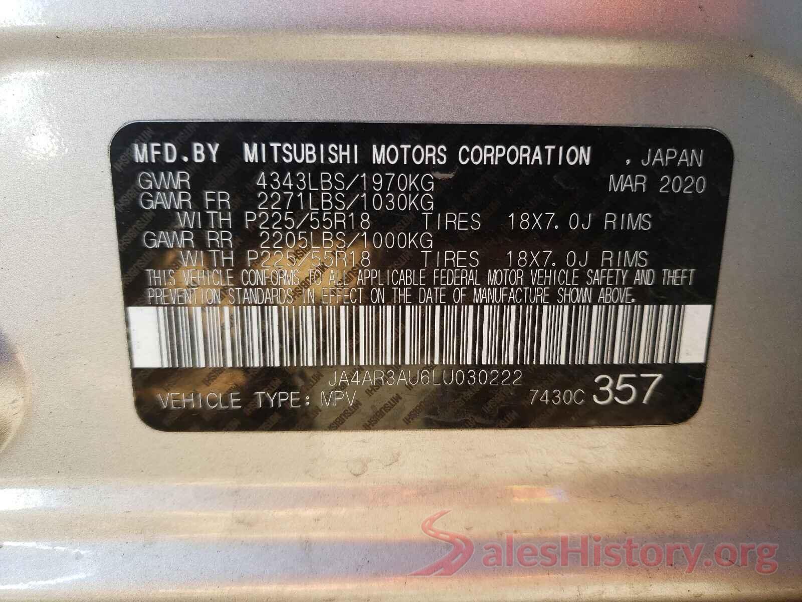 JA4AR3AU6LU030222 2020 MITSUBISHI OUTLANDER