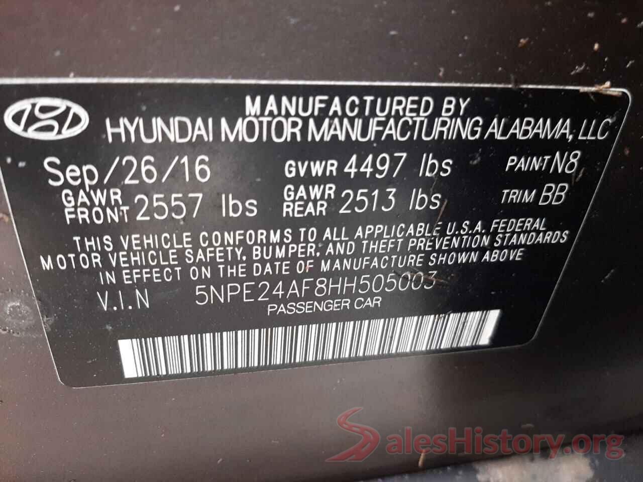 5NPE24AF8HH505003 2017 HYUNDAI SONATA