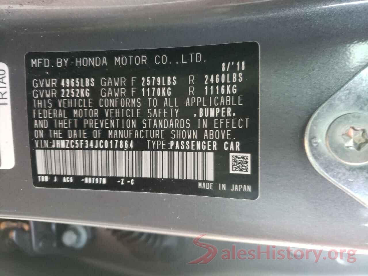 JHMZC5F34JC017864 2018 HONDA CLARITY