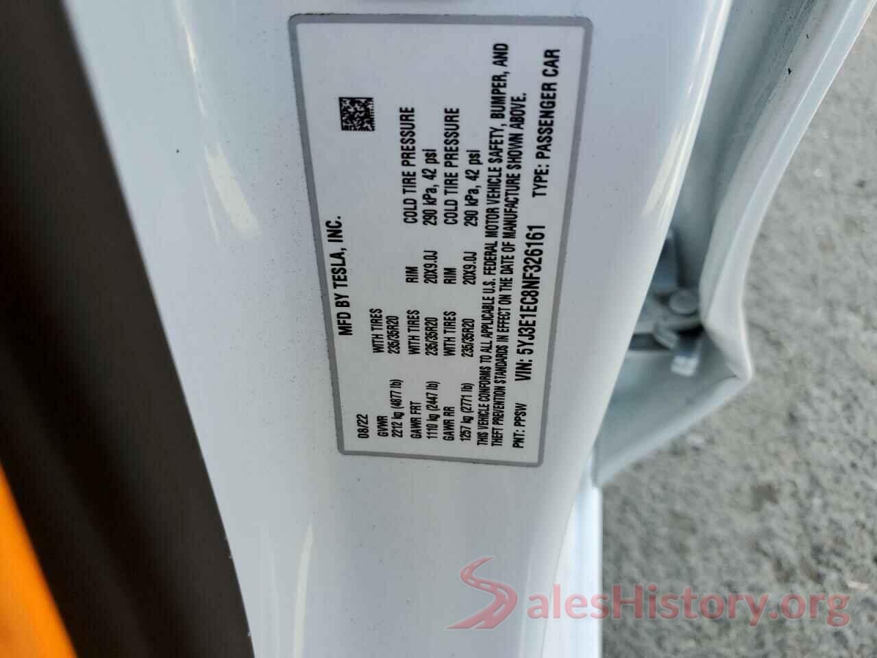 5YJ3E1EC8NF326161 2022 TESLA MODEL 3