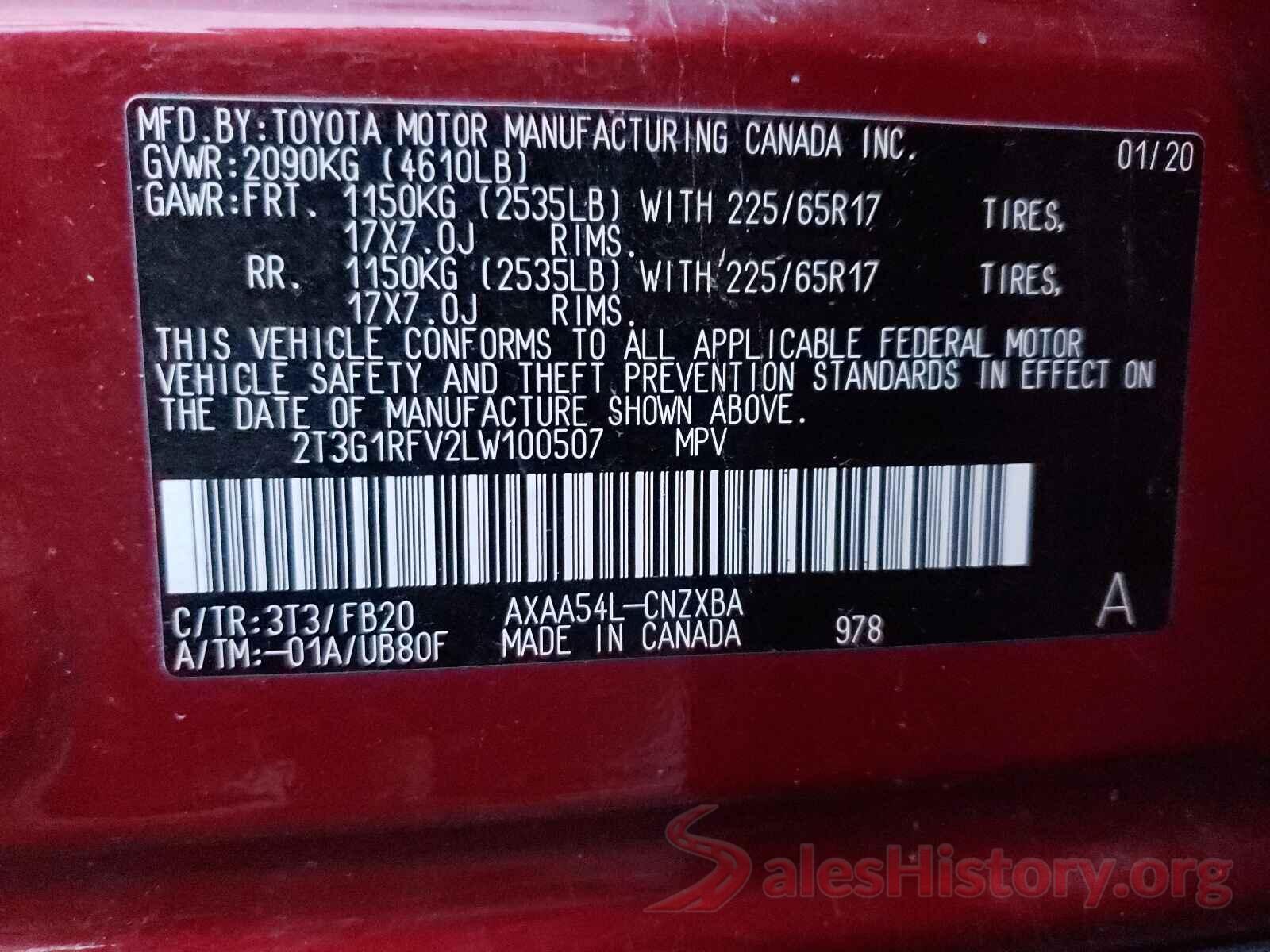 2T3G1RFV2LW100507 2020 TOYOTA RAV4