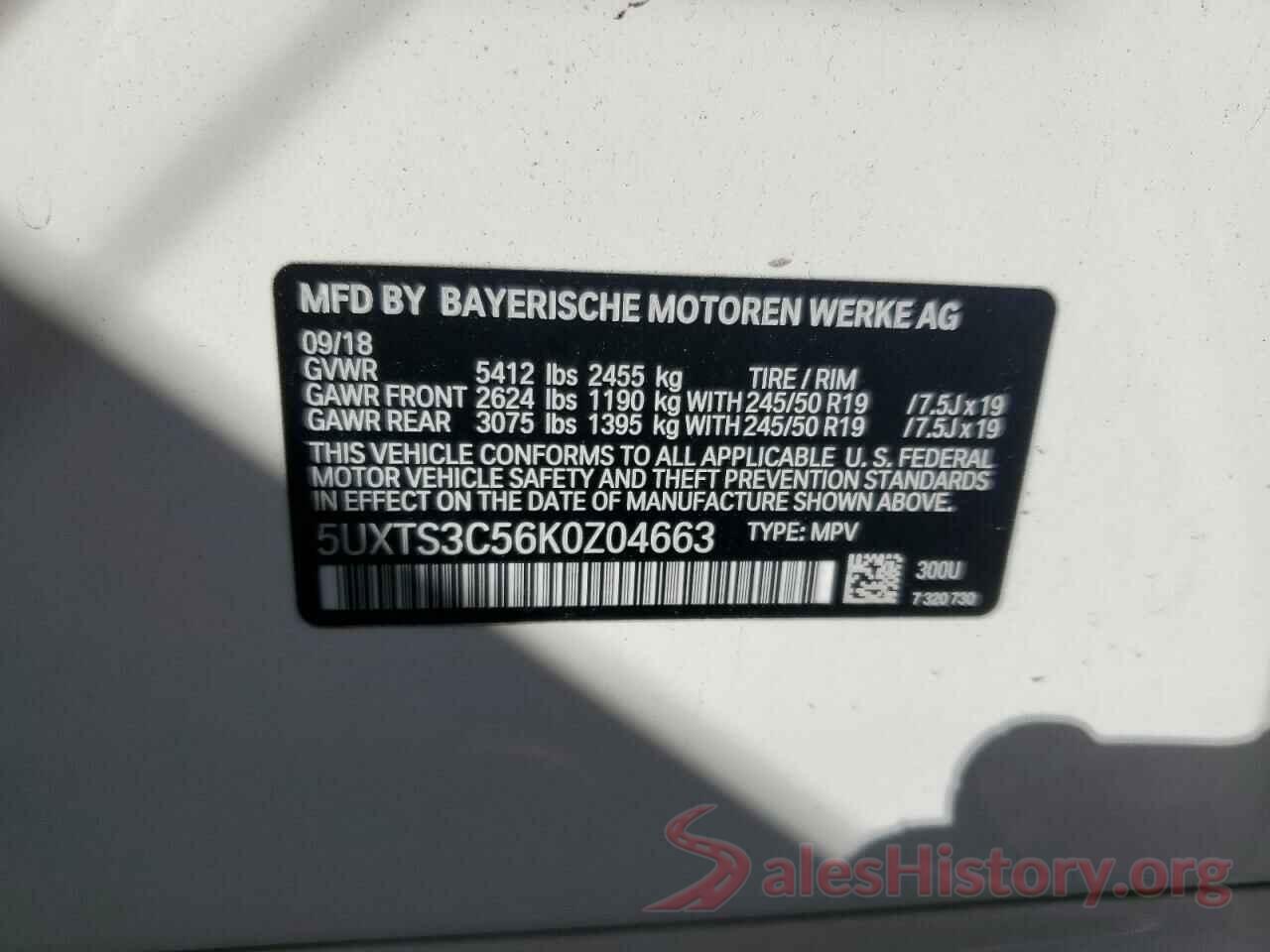 5UXTS3C56K0Z04663 2019 BMW X3