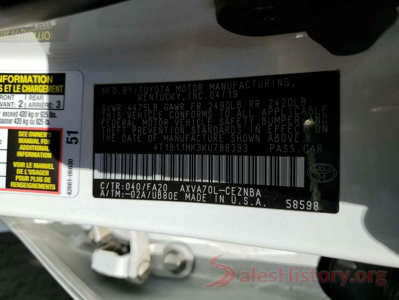 4T1B11HK3KU788393 2019 TOYOTA CAMRY