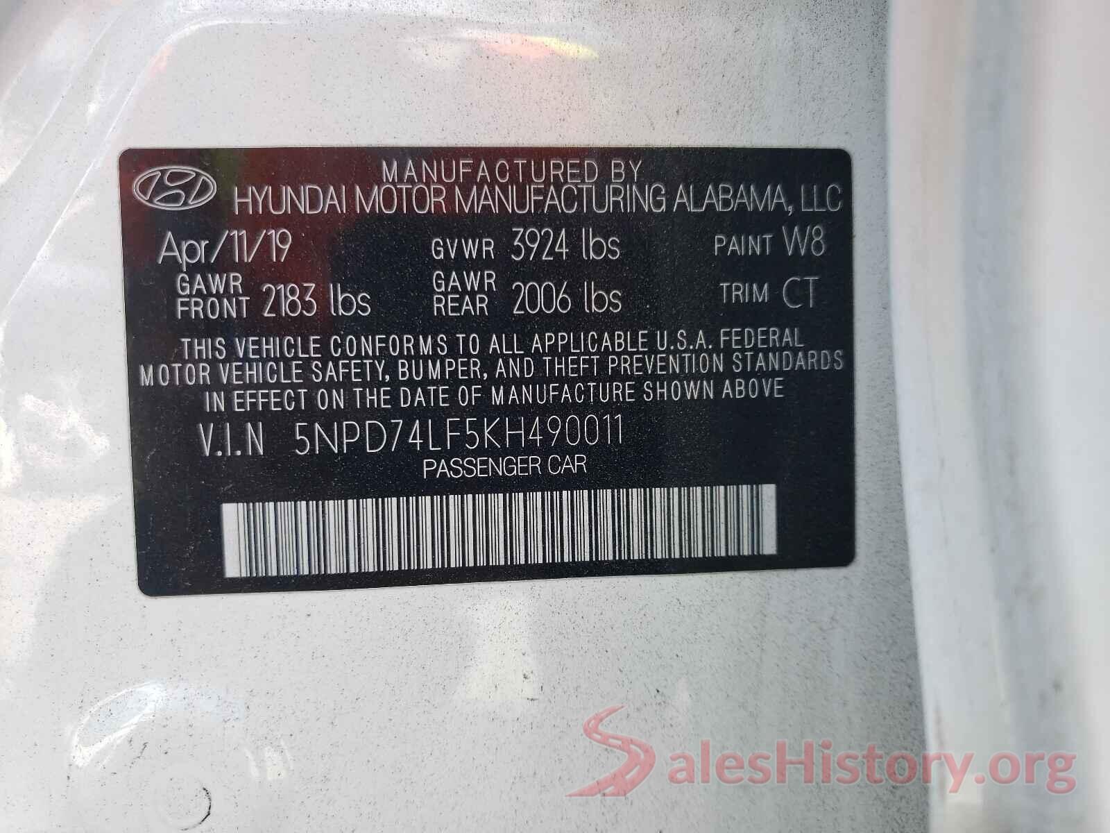 5NPD74LF5KH490011 2019 HYUNDAI ELANTRA