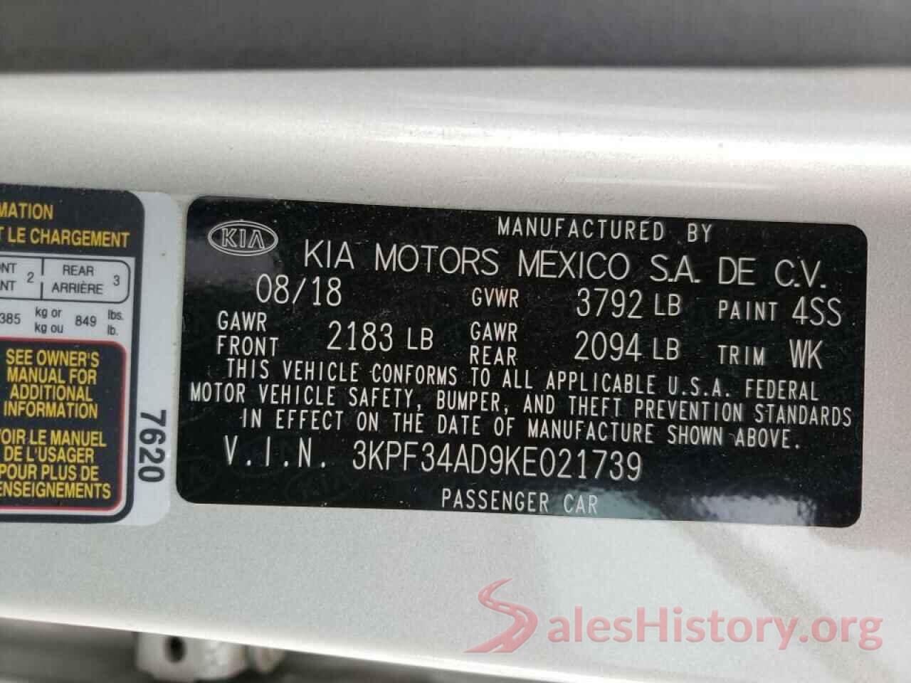 3KPF34AD9KE021739 2019 KIA FORTE