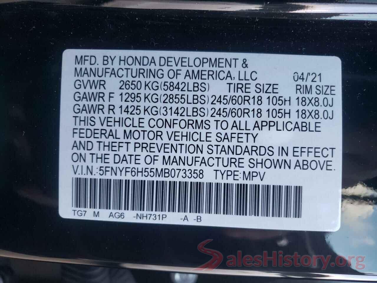 5FNYF6H55MB073358 2021 HONDA PILOT