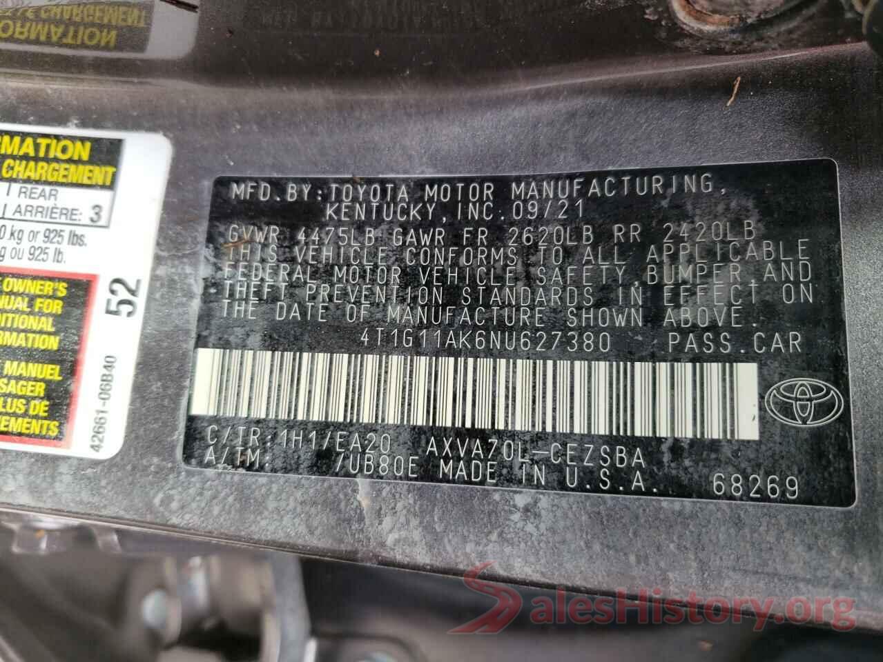 4T1G11AK6NU627380 2022 TOYOTA CAMRY