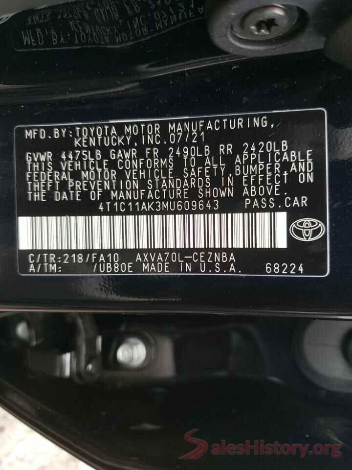 4T1C11AK3MU609643 2021 TOYOTA CAMRY