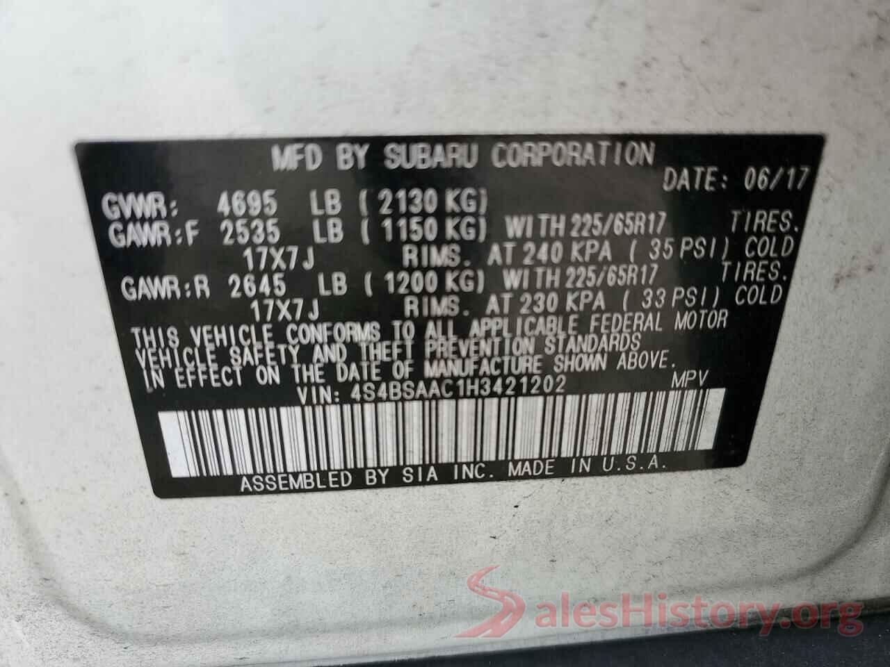 4S4BSAAC1H3421202 2017 SUBARU OUTBACK