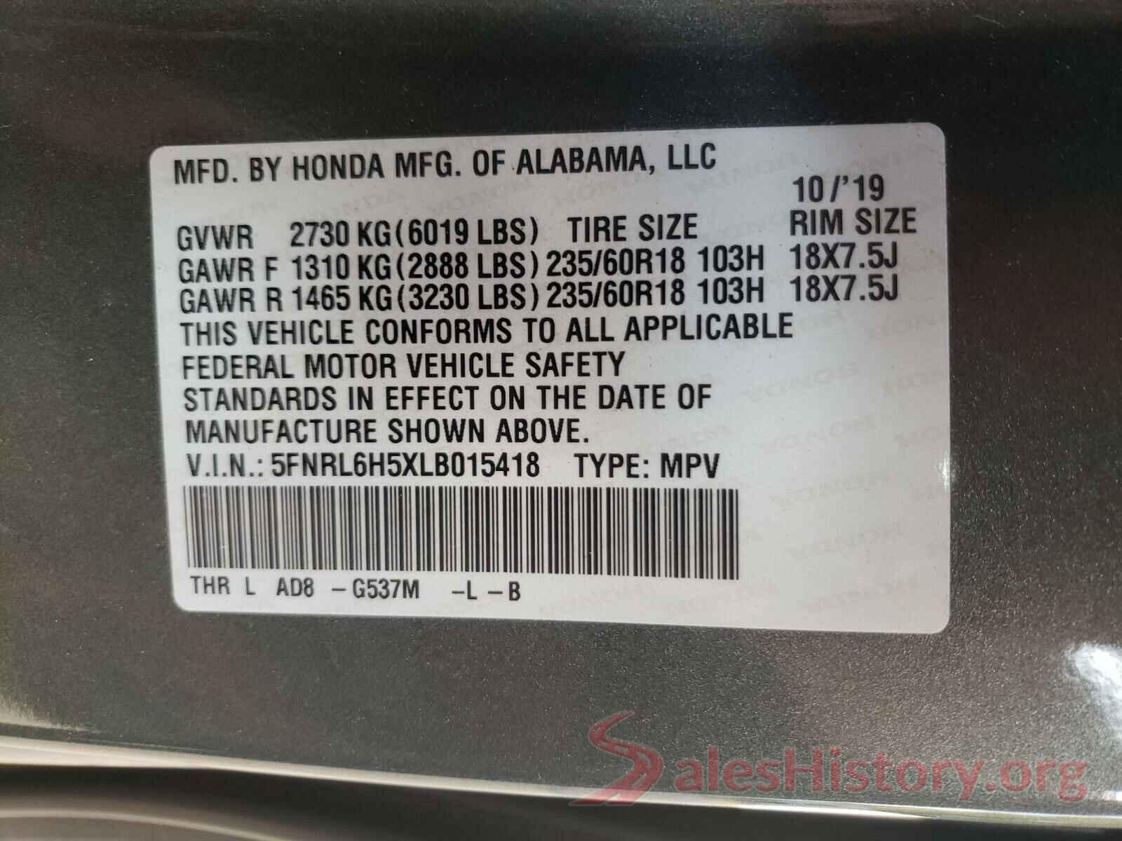 5FNRL6H5XLB015418 2020 HONDA ODYSSEY