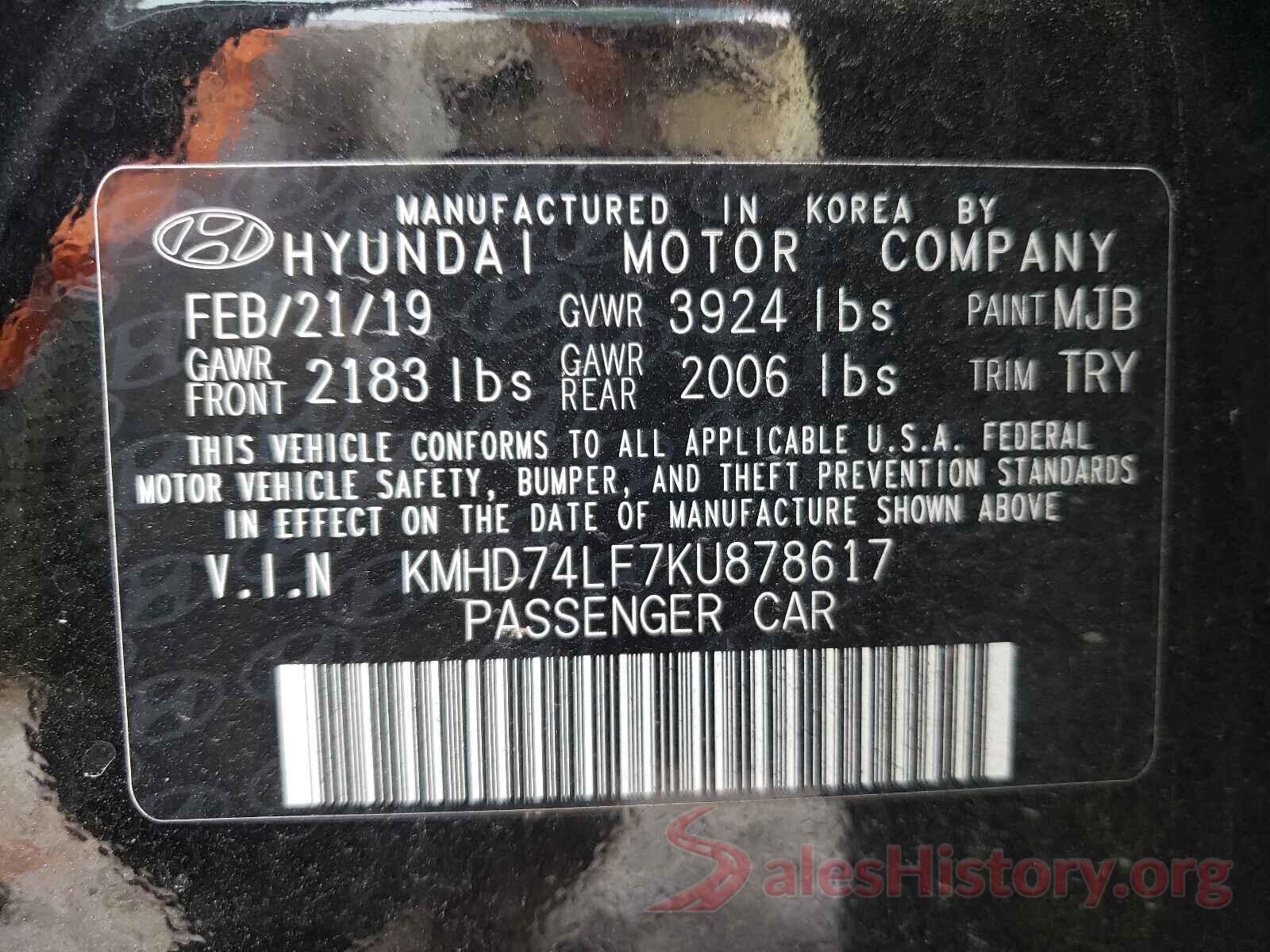 KMHD74LF7KU878617 2019 HYUNDAI ELANTRA