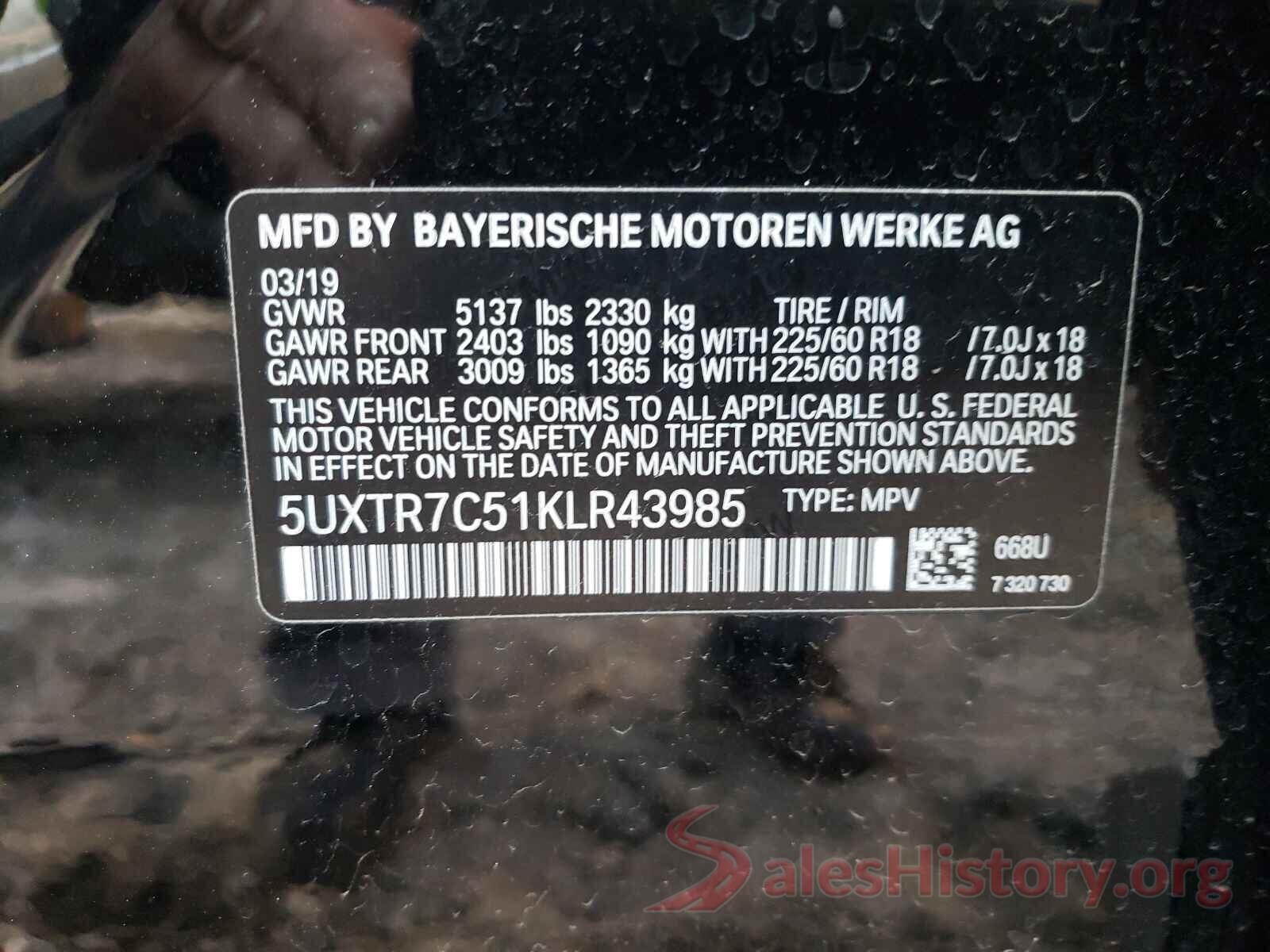 5UXTR7C51KLR43985 2019 BMW X3