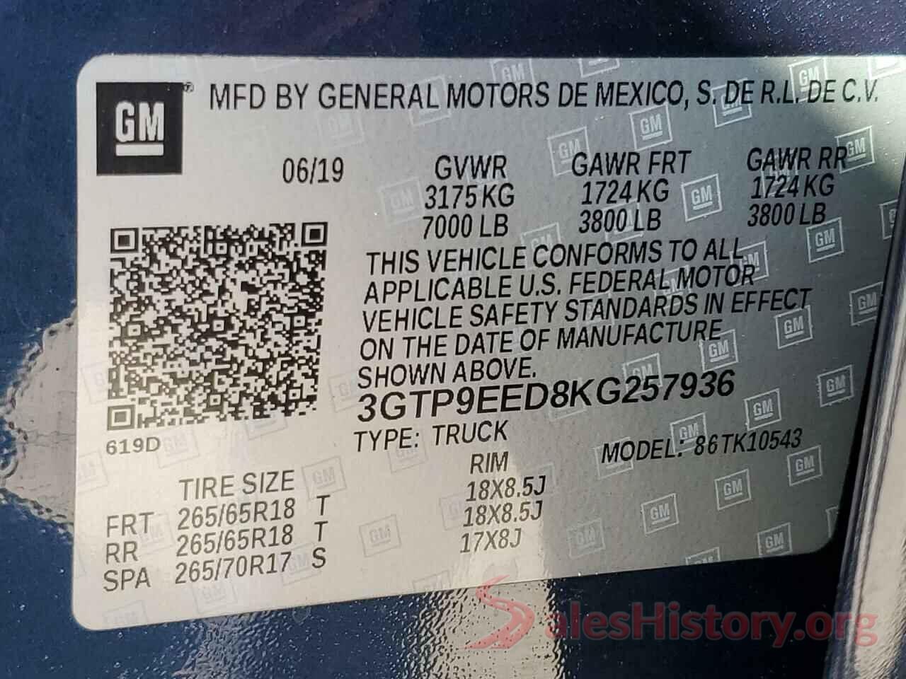 3GTP9EED8KG257936 2019 GMC SIERRA