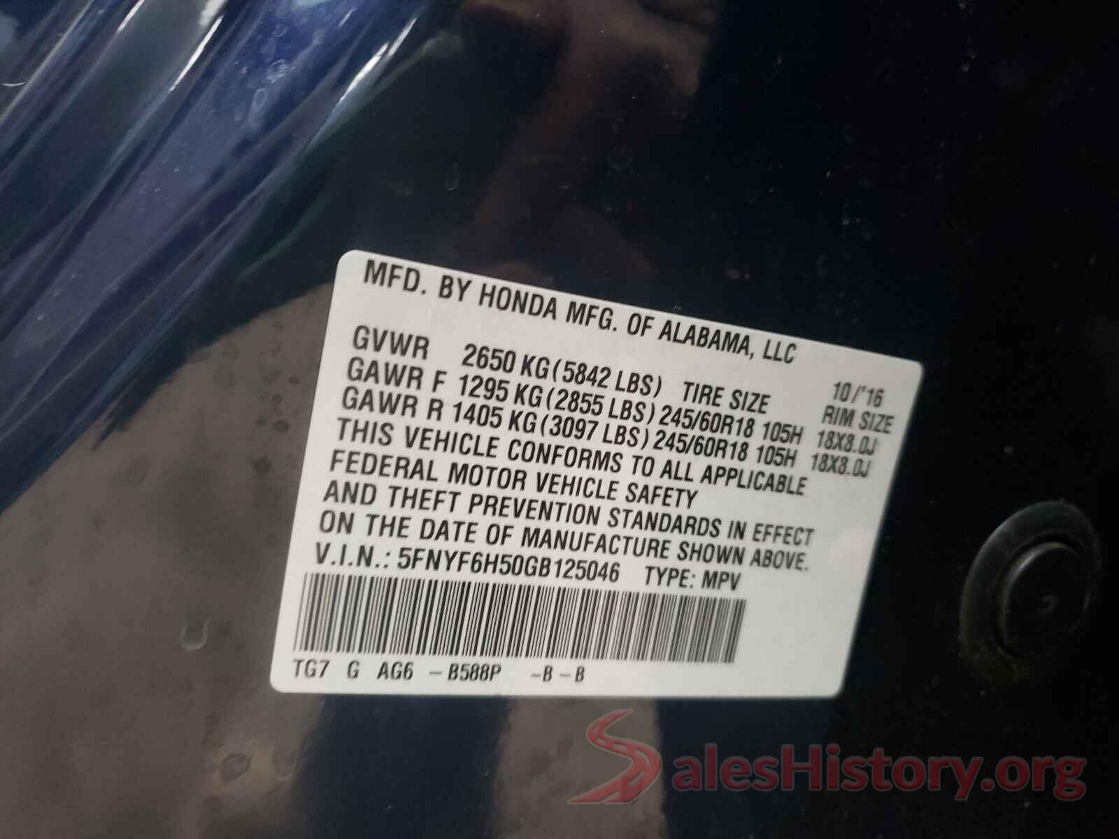 5FNYF6H50GB125046 2016 HONDA PILOT