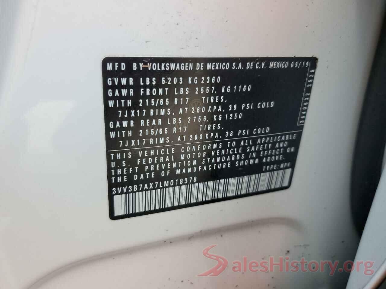 3VV3B7AX7LM018378 2020 VOLKSWAGEN TIGUAN