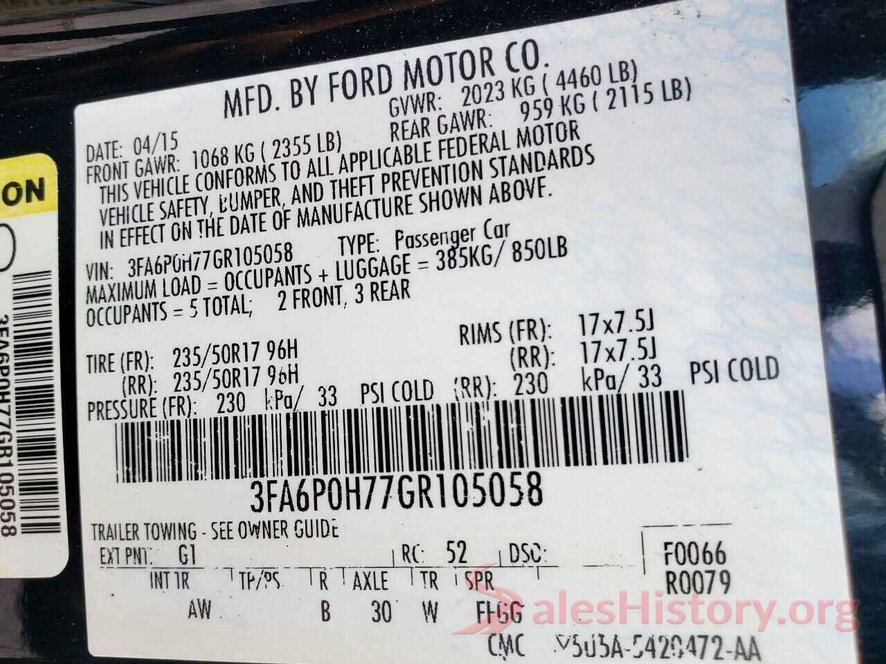 3FA6P0H77GR105058 2016 FORD FUSION