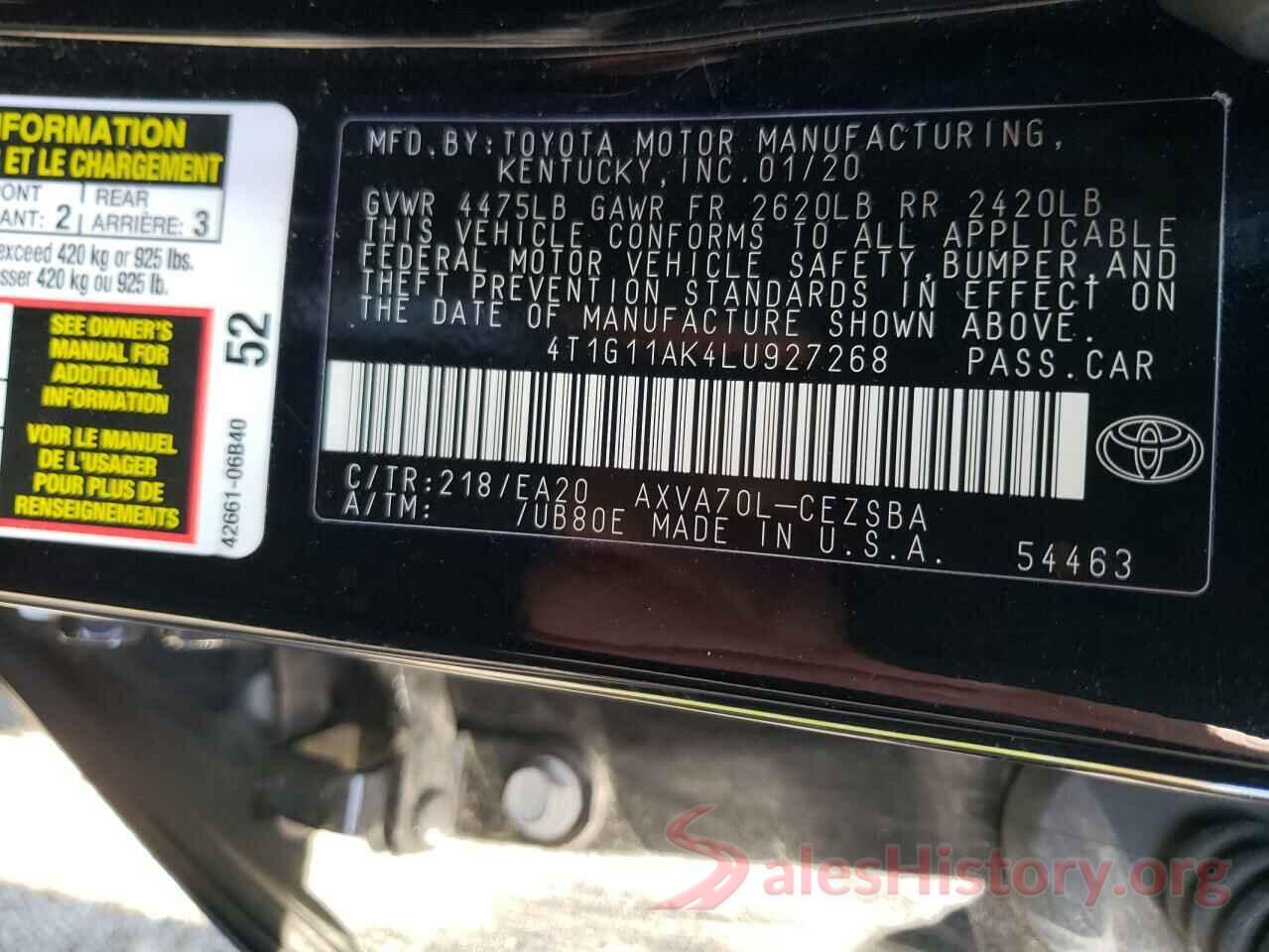 4T1G11AK4LU927268 2020 TOYOTA CAMRY