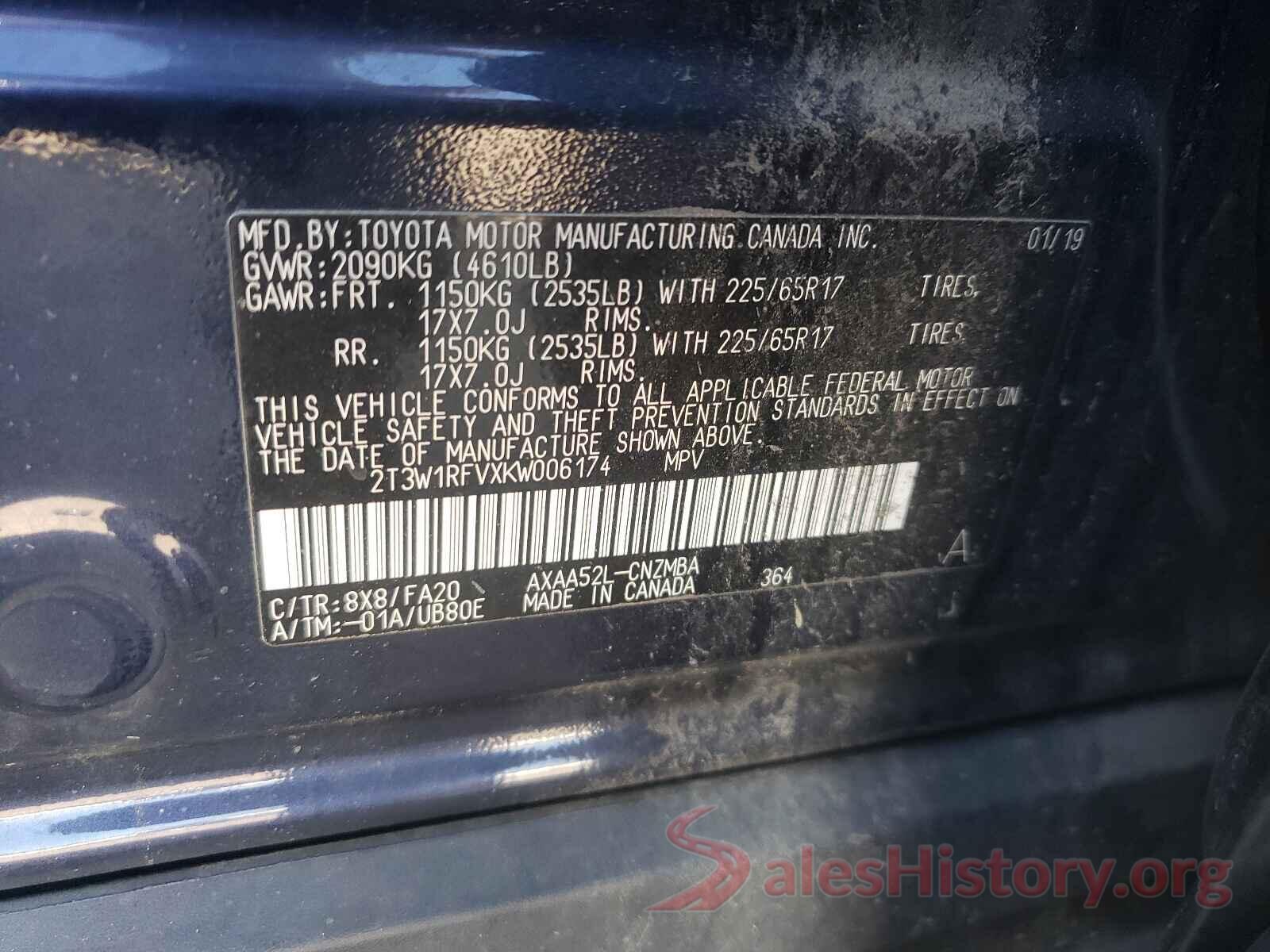 2T3W1RFVXKW006174 2019 TOYOTA RAV4