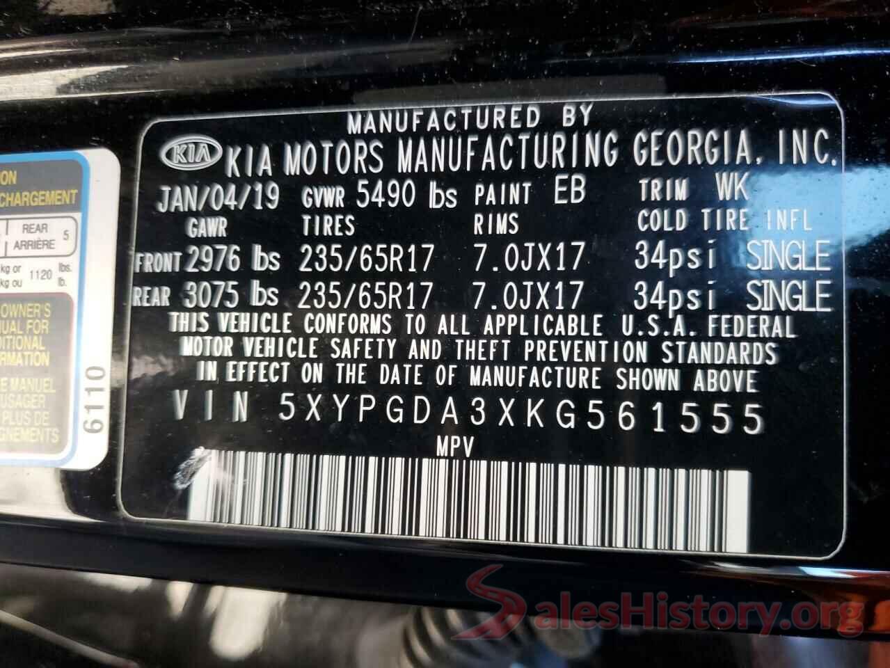 5XYPGDA3XKG561555 2019 KIA SORENTO