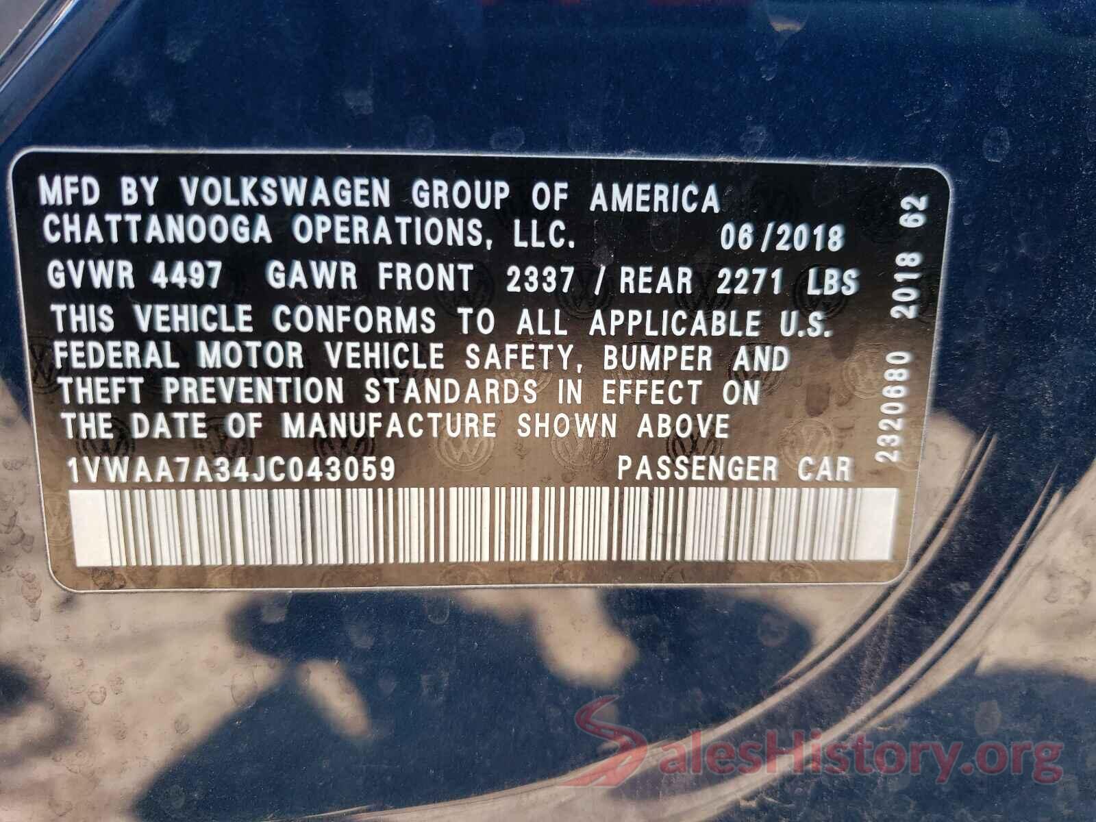 1VWAA7A34JC043059 2018 VOLKSWAGEN PASSAT