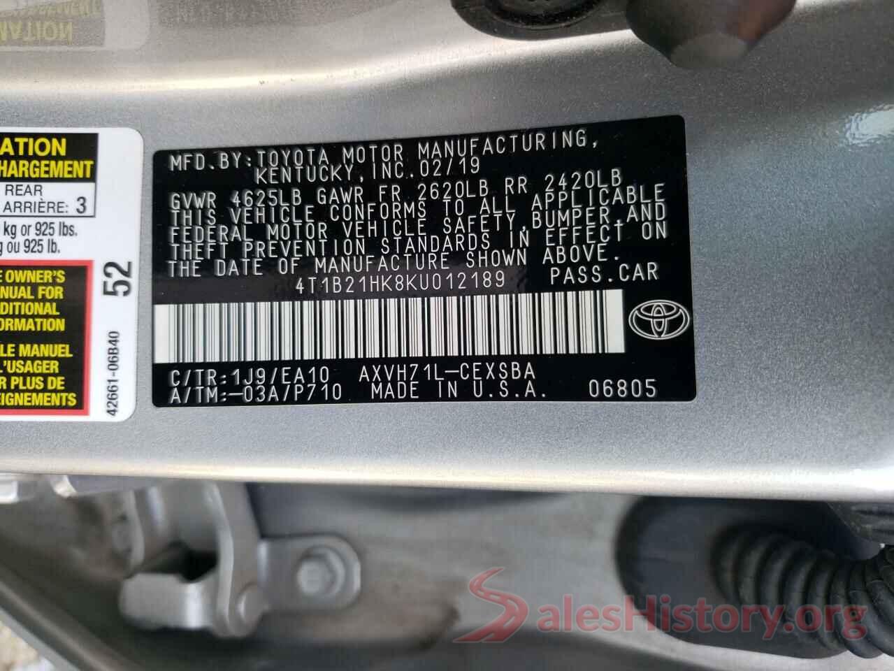 4T1B21HK8KU012189 2019 TOYOTA CAMRY