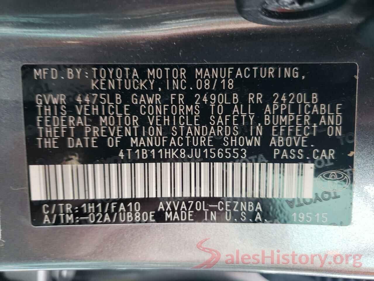 4T1B11HK8JU156553 2018 TOYOTA CAMRY