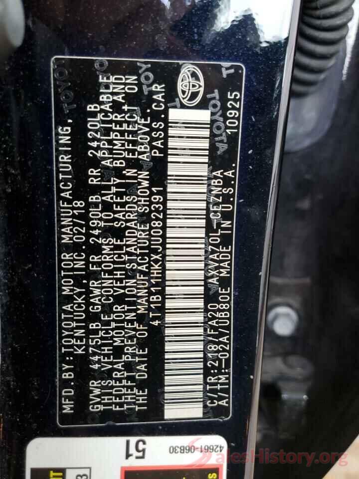 4T1B11HKXJU082391 2018 TOYOTA CAMRY