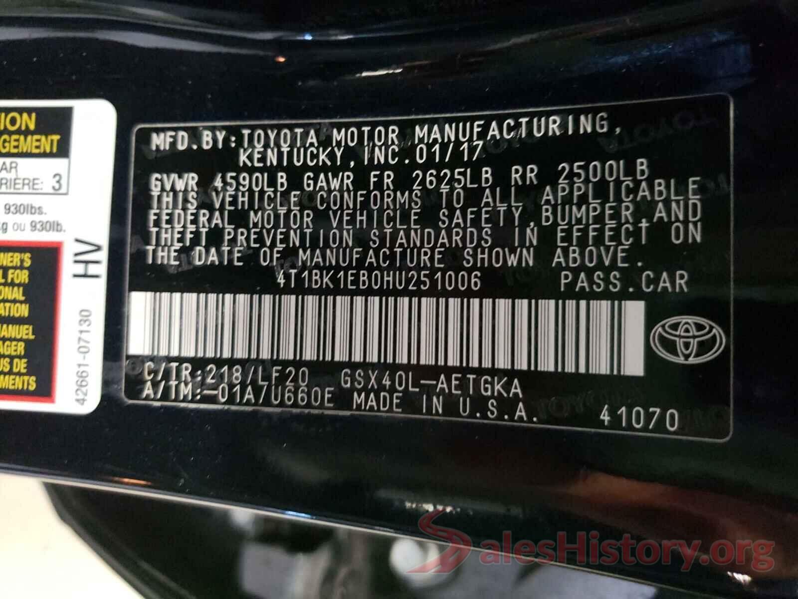 4T1BK1EB0HU251006 2017 TOYOTA AVALON