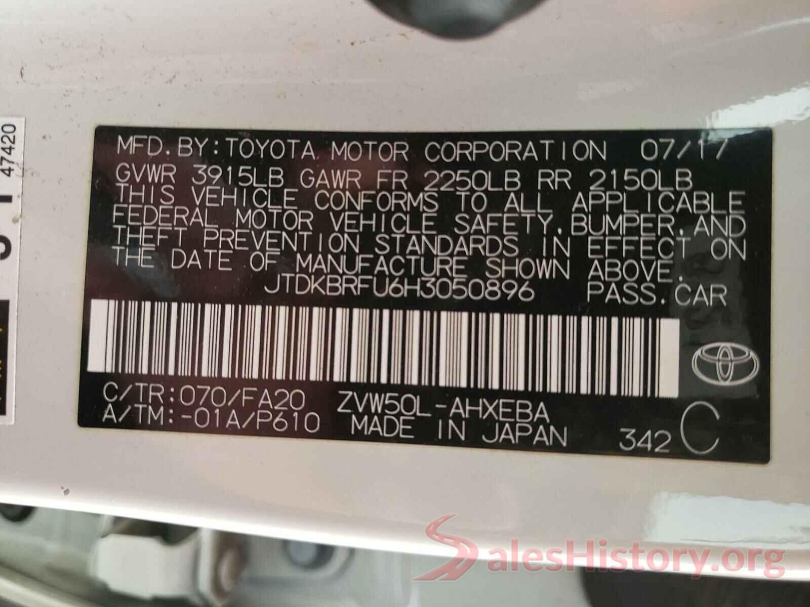 JTDKBRFU6H3050896 2017 TOYOTA PRIUS