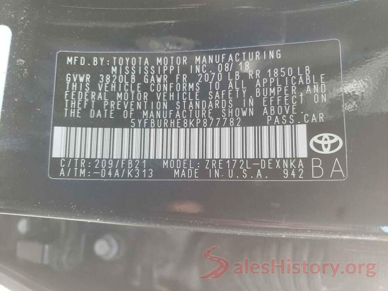 5YFBURHE8KP877782 2019 TOYOTA COROLLA